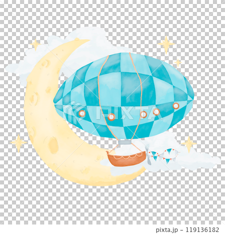 Airship with flags and clouds against the background of a huge new moon, illustration watercolor composition children's digital for print and web 119136182