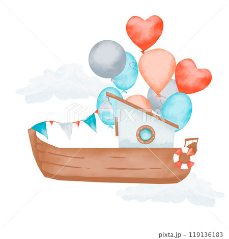 Boat with balloons, flags and clouds, illustration watercolor composition children's digital for print and web 119136183
