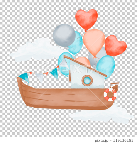 Boat with balloons, flags and clouds, illustration watercolor composition children's digital for print and web Boat with balloons, flags and clouds, illustration watercolor composition children's digital for print and web 119136183