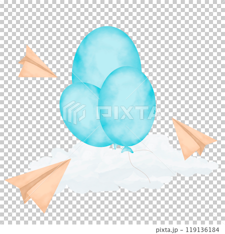 Balloons in the sky with clouds and paper airplanes illustration watercolor children's digital for print and web Balloons in the sky with clouds and paper airplanes illustration watercolor children's digital for print and web 119136184