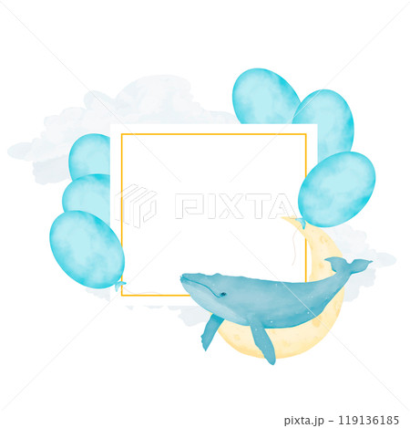 Template square with golden border, with balloons, clouds and new moon, children's copy space watercolor digital illustration with place for text for printing and web Template square with golden border, with balloons, clouds and new moon, children's copy space watercolor digital illustration with place for text for printing and web 119136185