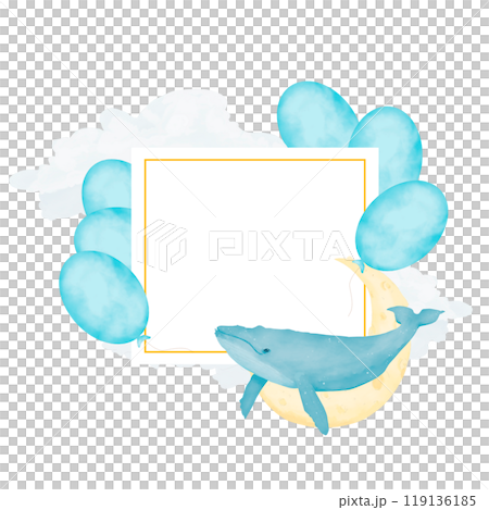 Template square with golden border, with balloons, clouds and new moon, children's copy space watercolor digital illustration with place for text for printing and web 119136185
