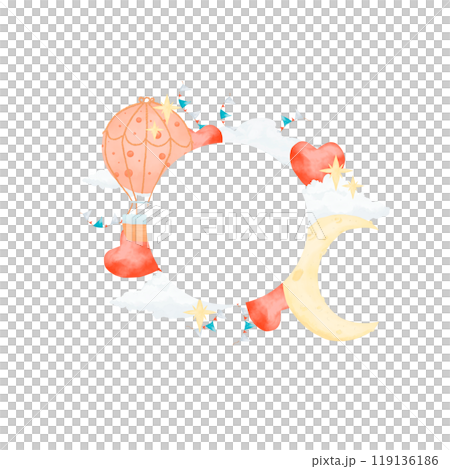 Wreath with clouds, stars, hot air balloon, flags and heart shaped balloons, kids copy space watercolor digital illustration with place for text for printing and web 119136186