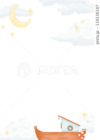 Frame landscape with clouds, new moon, boat and stars, children's copy space watercolor digital illustration with space for text for printing and web Frame landscape with clouds, new moon, boat and stars, children's copy space watercolor digital illustration with space for text for printing and web 119136187