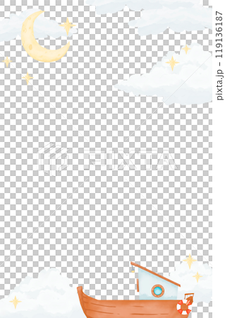 Frame landscape with clouds, new moon, boat and stars, children's copy space watercolor digital illustration with space for text for printing and web 119136187