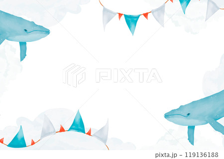Frame with clouds, whales and garlands with flags, children's copy space watercolor digital illustration with place for text for printing and web 119136188