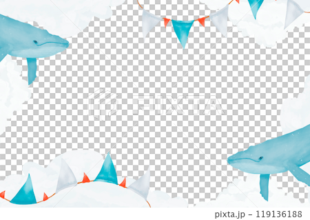 Frame with clouds, whales and garlands with flags, children's copy space watercolor digital illustration with place for text for printing and web 119136188