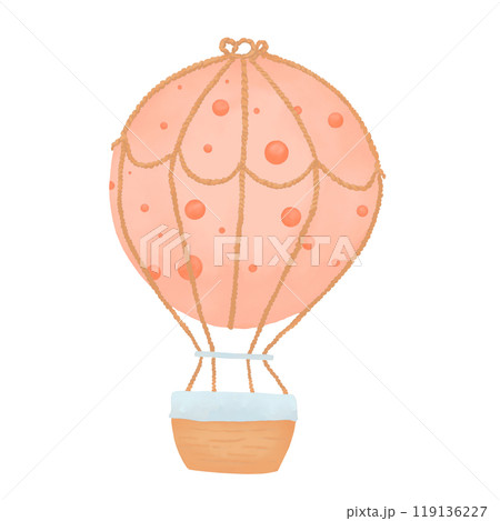 Hot air balloon transport with brown basket and ropes, with peach colored balloon with circle pattern watercolor digital color illustration children's for sky part of constructor element for printing Hot air balloon transport with brown basket and ropes, with peach colored balloon with circle pattern watercolor digital color illustration children's for sky part of constructor element for printing 119136227
