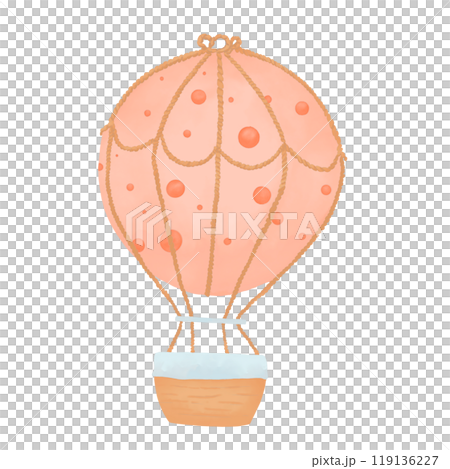 Hot air balloon transport with brown basket and ropes, with peach colored balloon with circle pattern watercolor digital color illustration children's for sky part of constructor element for printing Hot air balloon transport with brown basket and ropes, with peach colored balloon with circle pattern watercolor digital color illustration children's for sky part of constructor element for printing 119136227