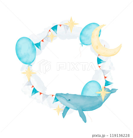 Wreath with clouds, balloons, flags and stars, whale and moon, children's copy space, watercolor digital illustration for printing and web 119136228