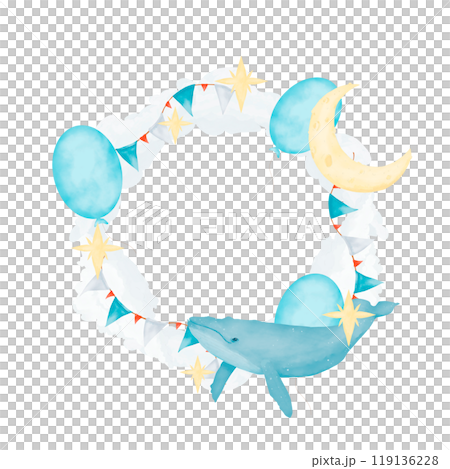 Wreath with clouds, balloons, flags and stars, whale and moon, children's copy space, watercolor digital illustration for printing and web 119136228
