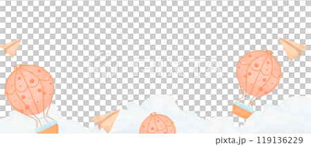 Border with clouds and hot air balloon, with paper airplanes, children's copy space watercolor digital illustration with place for text for printing and web 119136229
