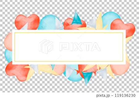 Rectangular template with golden border, with colorful air balloons and flags, children's copy space watercolor digital illustration with space for text for printing and web 119136230