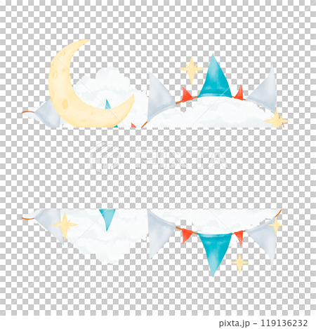 Template with clouds, flags and young moon children's copy space watercolor digital illustration with space for text for printing and web 119136232