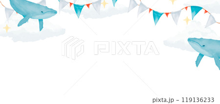 Border backdrop top with clouds, garland with flags and blue whales copy space watercolor digital illustration for printing and web 119136233
