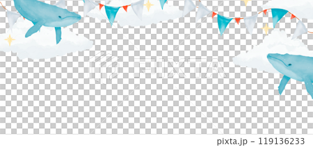 Border backdrop top with clouds, garland with flags and blue whales copy space watercolor digital illustration for printing and web 119136233