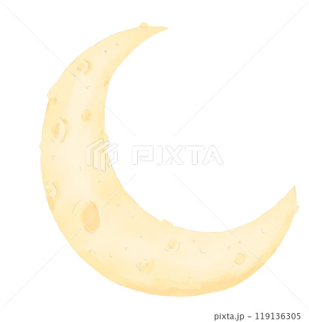 New moon celestial body yellow with craters watercolor digital illustration children's space celestial festive for printing and web	 119136305