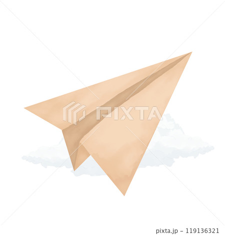 Paper beige and brown airplane flying in the sky with fluffy white clouds watercolor digital illustration for printing and web Paper beige and brown airplane flying in the sky with fluffy white clouds watercolor digital illustration for printing and web 119136321