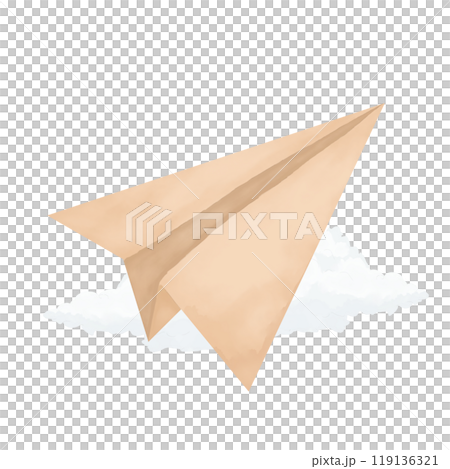 Paper beige and brown airplane flying in the sky with fluffy white clouds watercolor digital illustration for printing and web Paper beige and brown airplane flying in the sky with fluffy white clouds watercolor digital illustration for printing and web 119136321