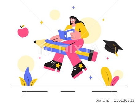 Education and Knowledge Books Vector Illustration featuring People Studying and School Items for Learning in a Flat Style Cartoon Background Education and Knowledge Books Vector Illustration featuring People Studying and School Items for Learning in a Flat Style Cartoon Background 119136513