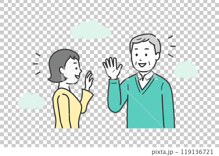 An upper body illustration of an elderly man and a young woman meeting and exchanging greetings outdoors 119136721