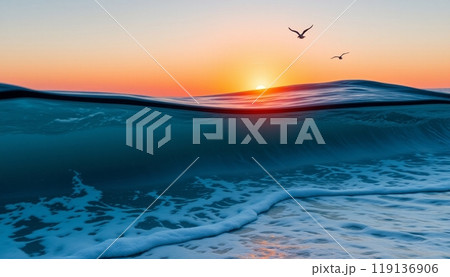 sea wave background with sunset and birds 119136906