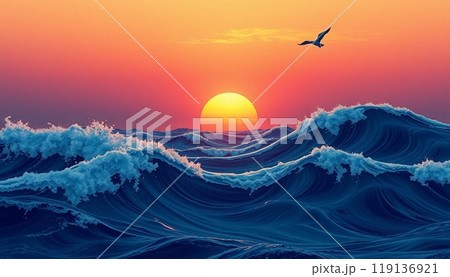 sea wave background with sunset and birds sea wave background with sunset and birds 119136921