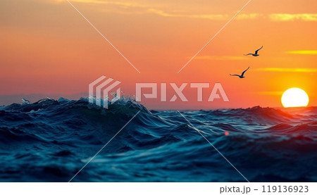 sea wave background with sunset and birds 119136923