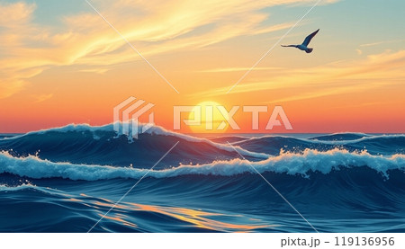 sea wave background with sunset and birds 119136956