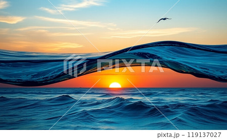 sea wave background with sunset and birds 119137027