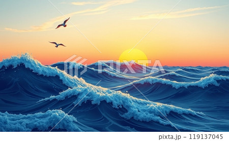 sea wave background with sunset and birds 119137045