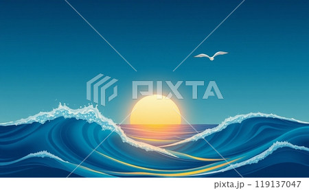 sea wave background with sunset and birds 119137047