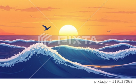 sea wave background with sunset and birds 119137068