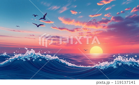 sea wave background with sunset and birds 119137141