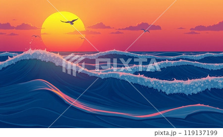sea wave background with sunset and birds 119137199