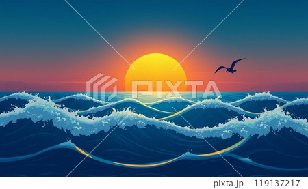 sea wave background with sunset and birds 119137217
