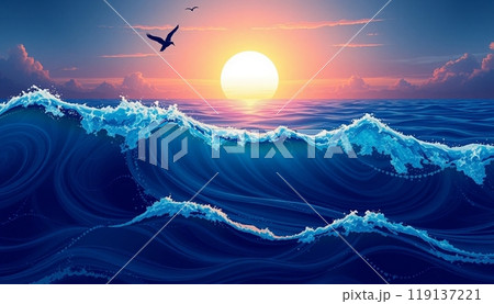 sea wave background with sunset and birds 119137221