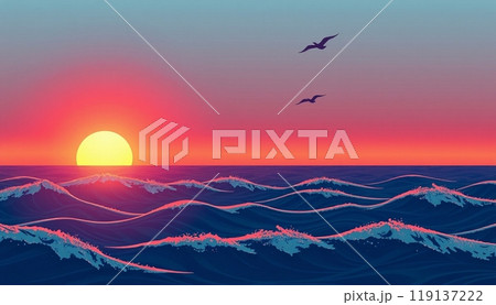 sea wave background with sunset and birds 119137222