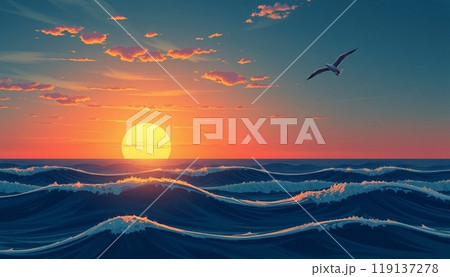sea wave background with sunset and birds 119137278