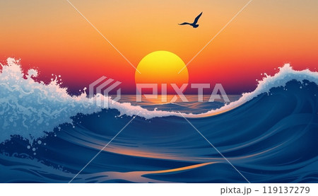 sea wave background with sunset and birds 119137279