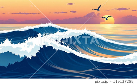 sea wave background with sunset and birds 119137289