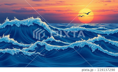 sea wave background with sunset and birds 119137290