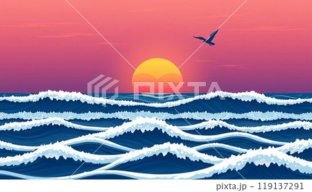 sea wave background with sunset and birds 119137291