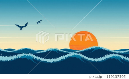 sea wave background with sunset and birds 119137305