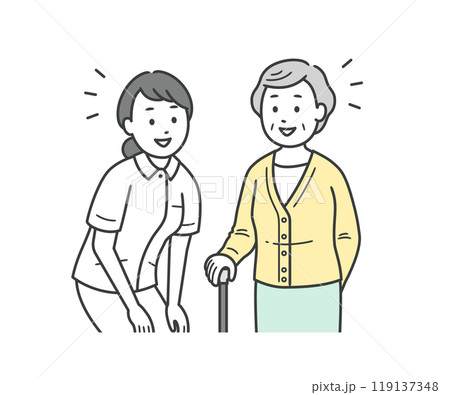 目線を合わせて笑顔で会話をする高齢女性と看護師の女性の上半身イラスト 目線を合わせて笑顔で会話をする高齢女性と看護師の女性の上半身イラスト 119137348