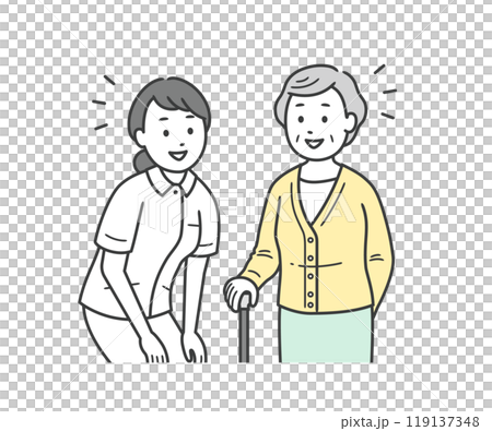 目線を合わせて笑顔で会話をする高齢女性と看護師の女性の上半身イラスト 目線を合わせて笑顔で会話をする高齢女性と看護師の女性の上半身イラスト 119137348