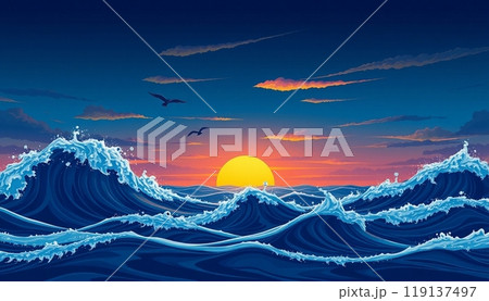 sea wave background with sunset and birds 119137497