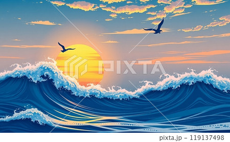sea wave background with sunset and birds 119137498