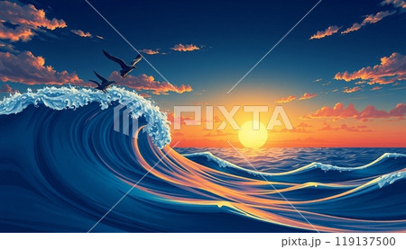 sea wave background with sunset and birds 119137500