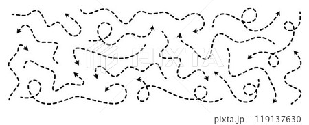 Various dotted thin arrow set. Wavy and curved dashed pointer collection. Squiggle sketchy direction lines. Dots squiggle loop stripe design elements bundle for flyer, poster, brochure. Vector Various dotted thin arrow set. Wavy and curved dashed pointer collection. Squiggle sketchy direction lines. Dots squiggle loop stripe design elements bundle for flyer, poster, brochure. Vector 119137630